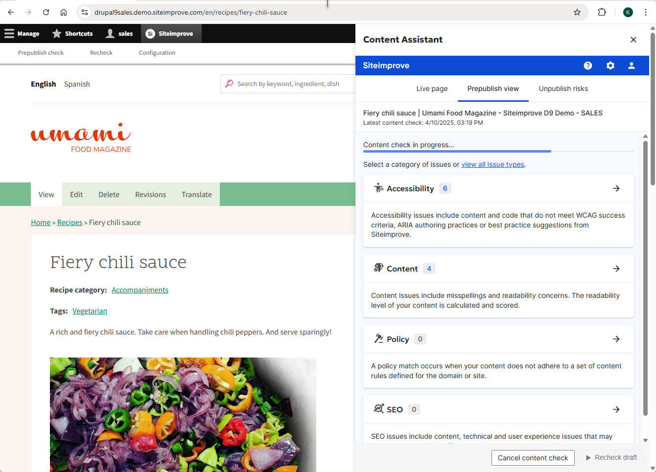 Screenshot of Prepublish check processing with the button option to Cancel content check displaying in Drupal