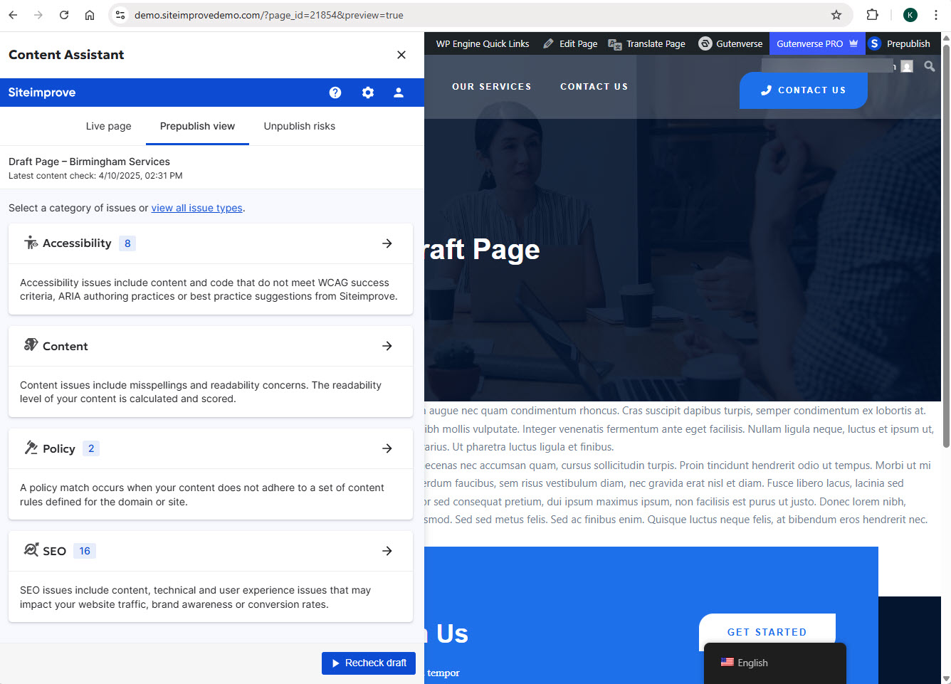 Screenshot of Prepublish check results with recheck draft button in WordPress