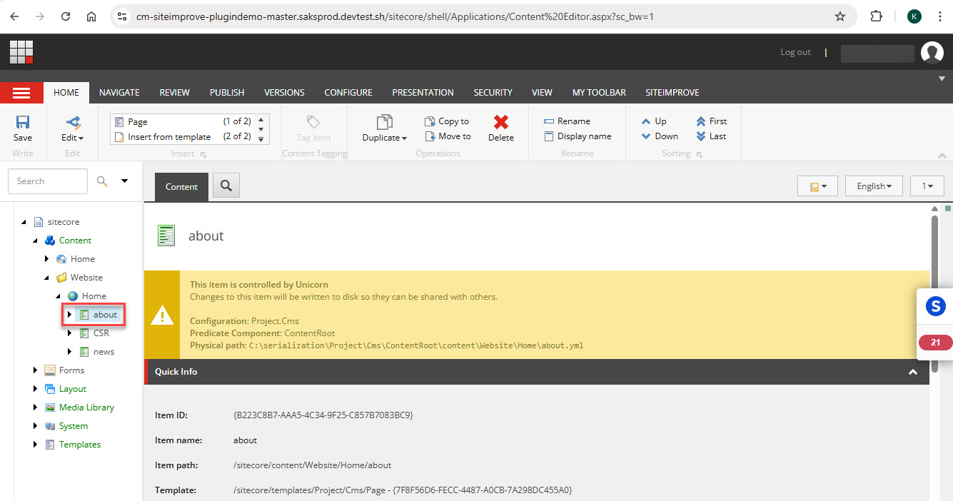 Screenshot of selecting a page to edit in Sitecore Content Editor