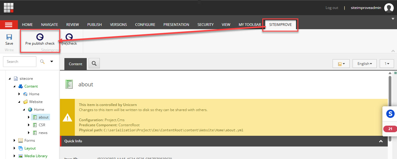Screensot of Prepublish check button in menu bar in Sitecore Content Editor