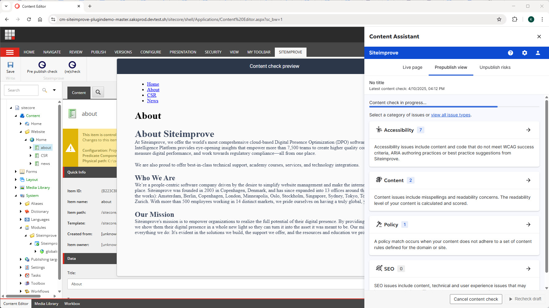 Screenshot of Prepublish check processing in Sitecore Content Editor