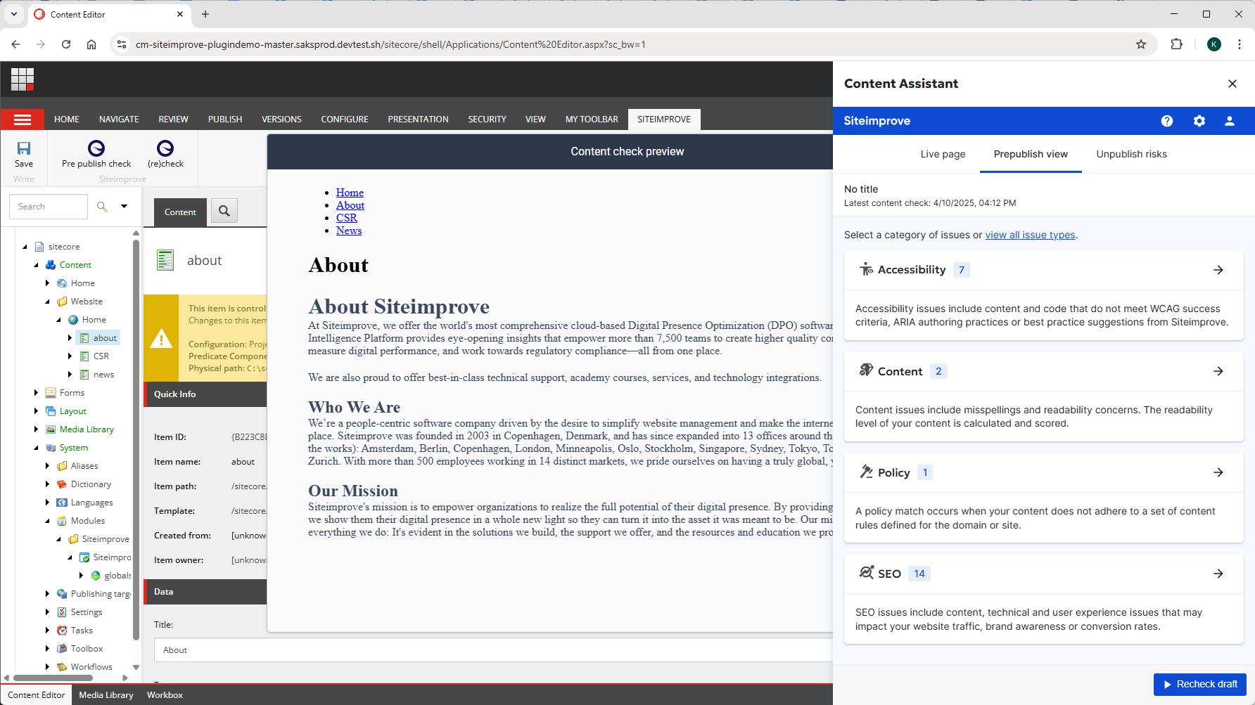 Screenshot of completed Prepublish check in Sitecore Content Editor
