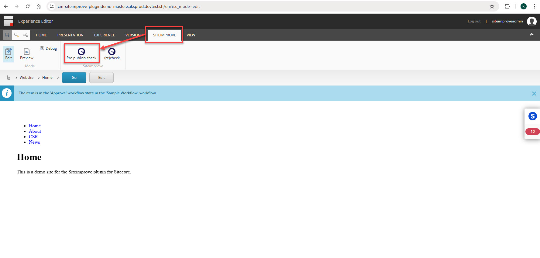Screenshot of Prepublish check button in Sitecore Experience Editor