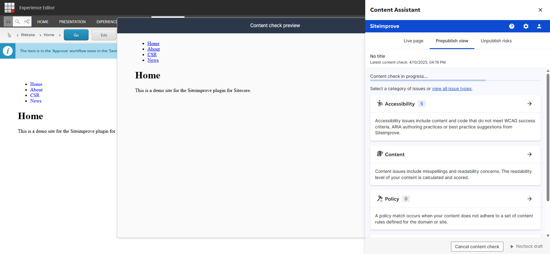 Screensot of Prepublish check processing in Sitecore Experienc Editor
