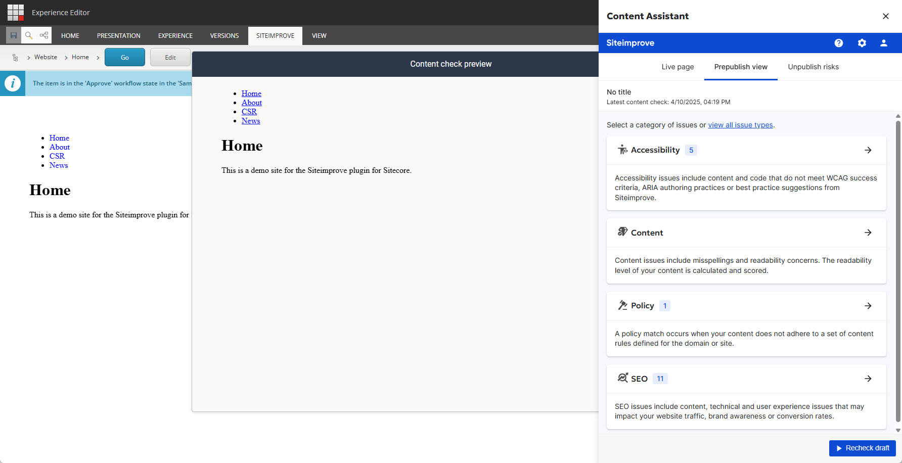 Screenshot of completed Prepublish check in Sitecore Expereince Editor