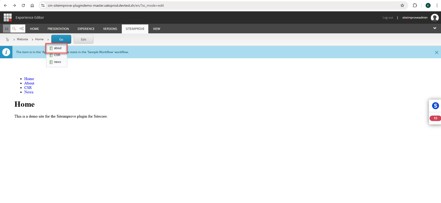 Screenshot of selecting page in Sitecore Experience Editor