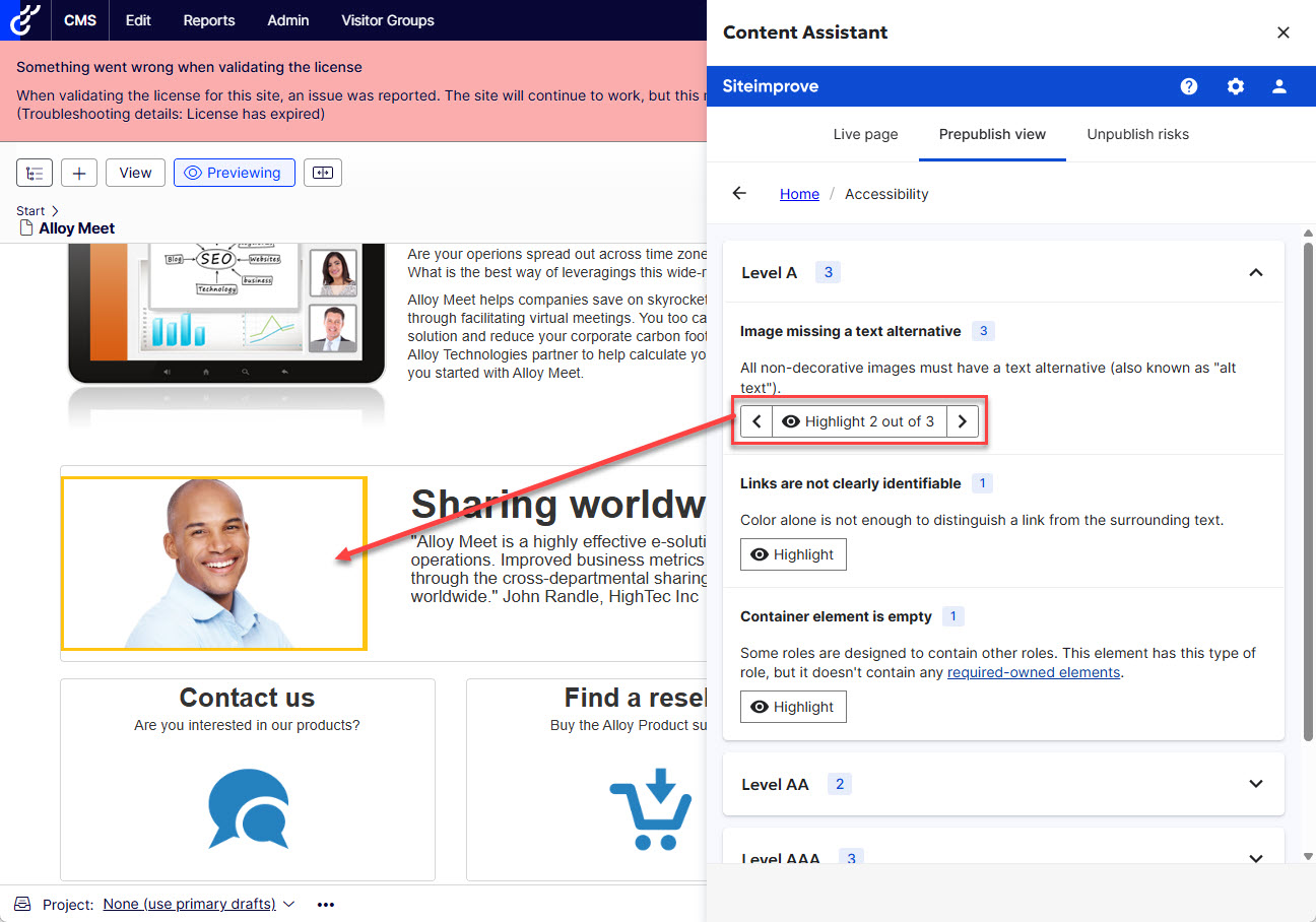 Screenshot showing the Prepublish check highlighting an issue on the page in Optimizely