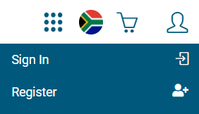 Navigation menu with icons for apps, South African flag (language or region), shopping cart, and user profile. Dropdown shows options to "Sign In" with a login icon and "Register" with a user-plus icon.