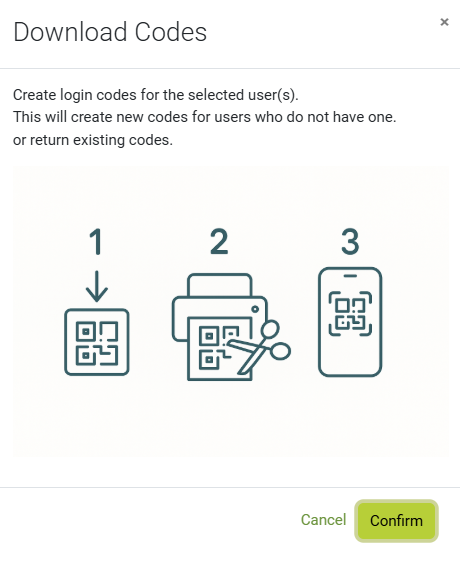 Instructions for downloading login codes: Step 1 – Generate QR codes, Step 2 – Print or cut them out, Step 3 – Use on a mobile device to sign in. Includes options to cancel or confirm the action.