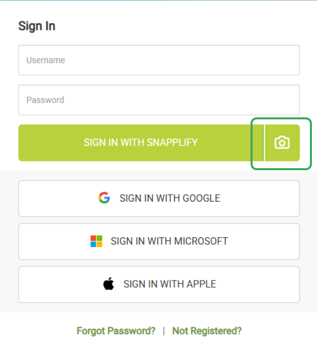 Snapplify login screen with options to sign in using username and password, or via third-party services. The 'Sign in with Snapplify' button includes a highlighted QR code icon indicating QR code login