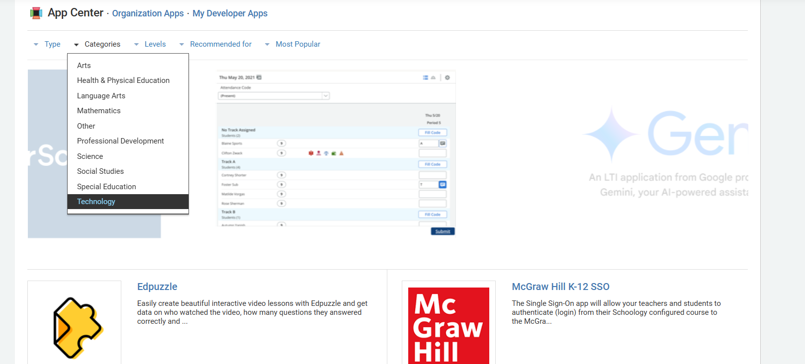 Schoology App Center with dropdown menu open under Categories, highlighting the 'Technology' category where Snapplify can be found.