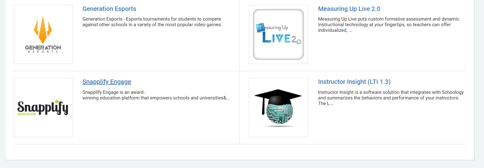 Schoology App Center showing a list of educational tools, including Snapplify Engage
