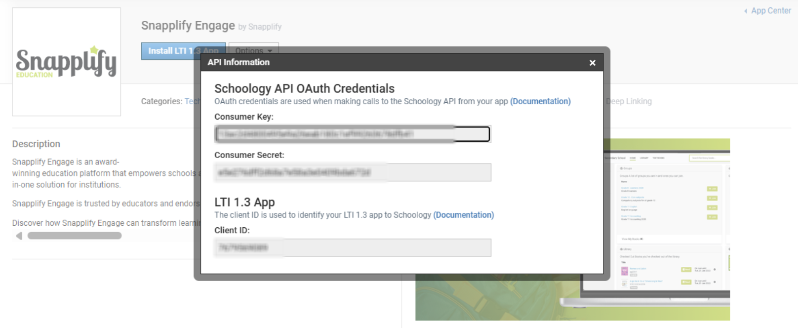 Snapplify Engage app listing in Schoology App Center with API Information popup showing Schoology OAuth credentials and LTI 1.3 Client ID for integration setup