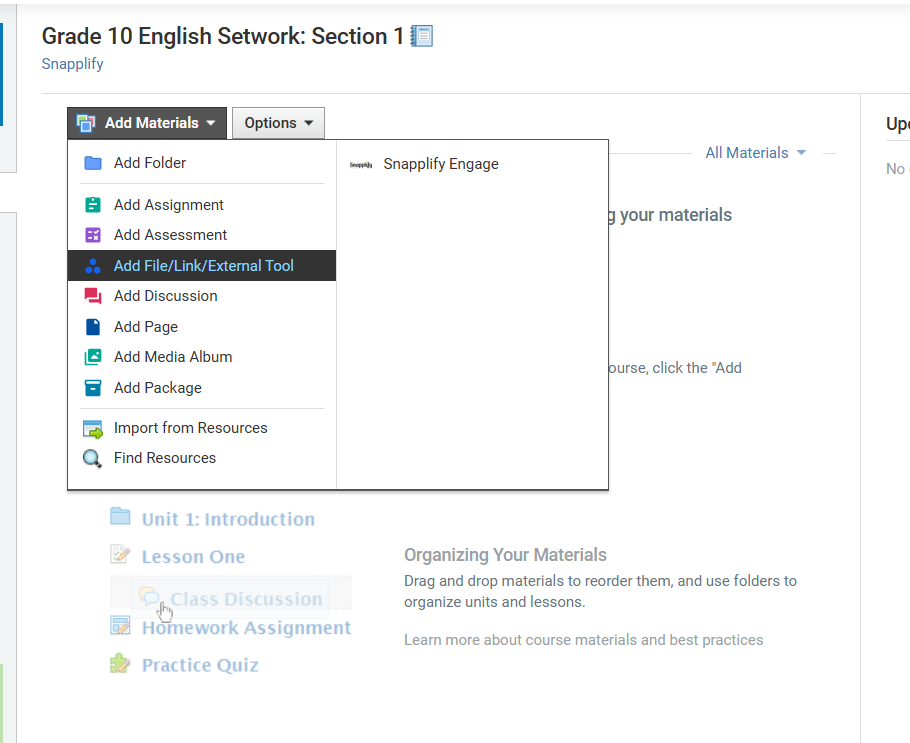 Dropdown menu under "Add Materials" in a Grade 10 English Setwork course view. The "Add File/Link/External Tool" option is selected, revealing "Snapplify Engage" as an external tool choice.