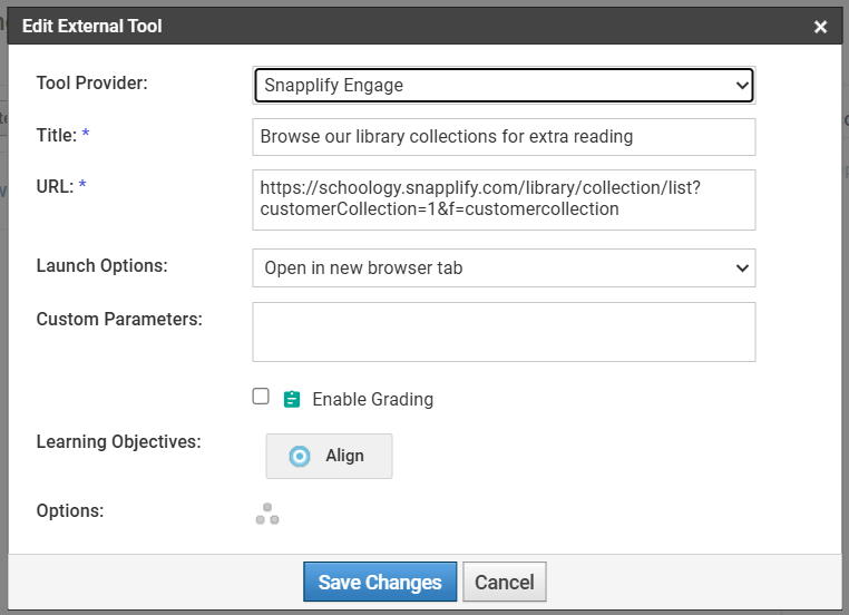 dit External Tool settings window for integrating Snapplify Engage. Fields include tool provider, title ("Browse our library collections for extra reading"), a URL link to Snapplify’s Schoology library, browser launch options, grading toggle, and learning objectives alignment button