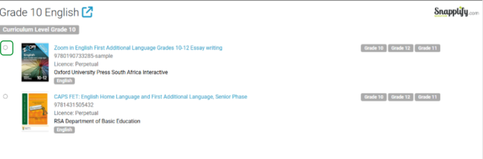 Grade 10 English book selection showing two titles with grade tags and radio buttons.