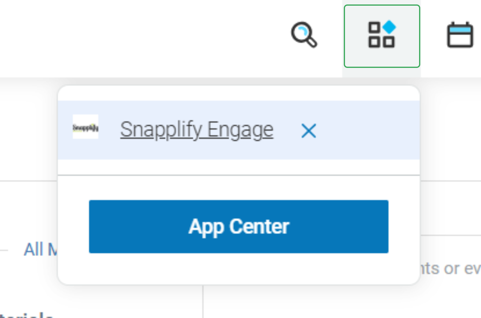 Popup window in a web interface showing "Snapplify Engage" with a button labelled "App Center" underneath. Icons for search, apps, and calendar are visible at the top.
