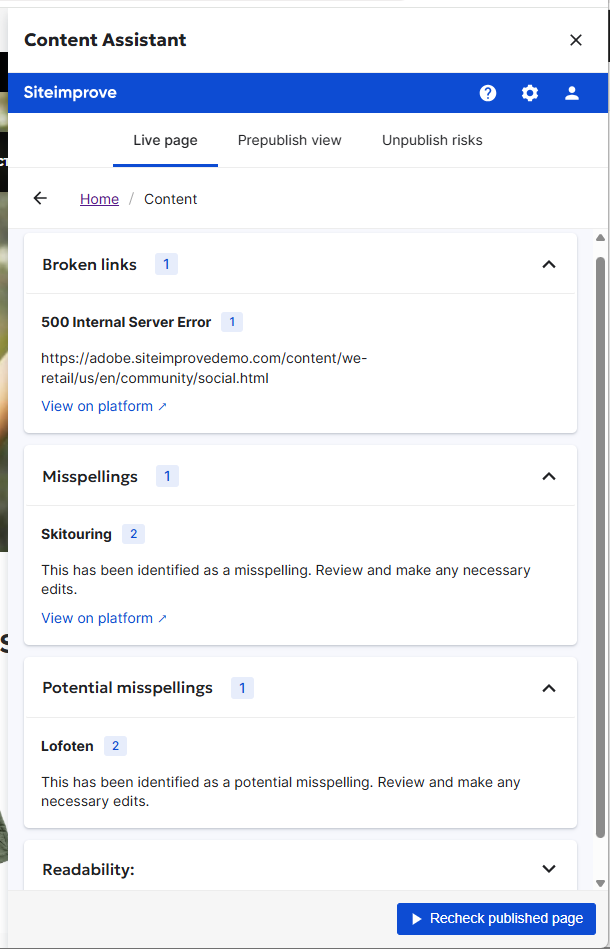 Screenshot of Quality Assurance (Content) Checks in the CMS plugin overlay