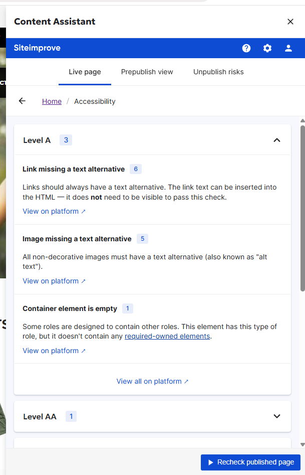 Screenshot of Accessibility issues in CMS plugin overlay