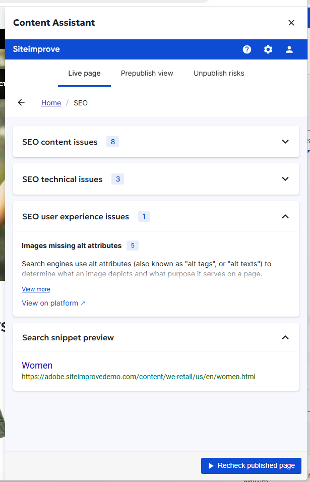 Screenshot of SEO issues in the CMS plugin overlay