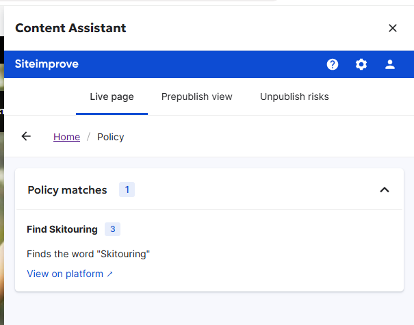Screenshot of Policy insights in the CMS plugin overlay