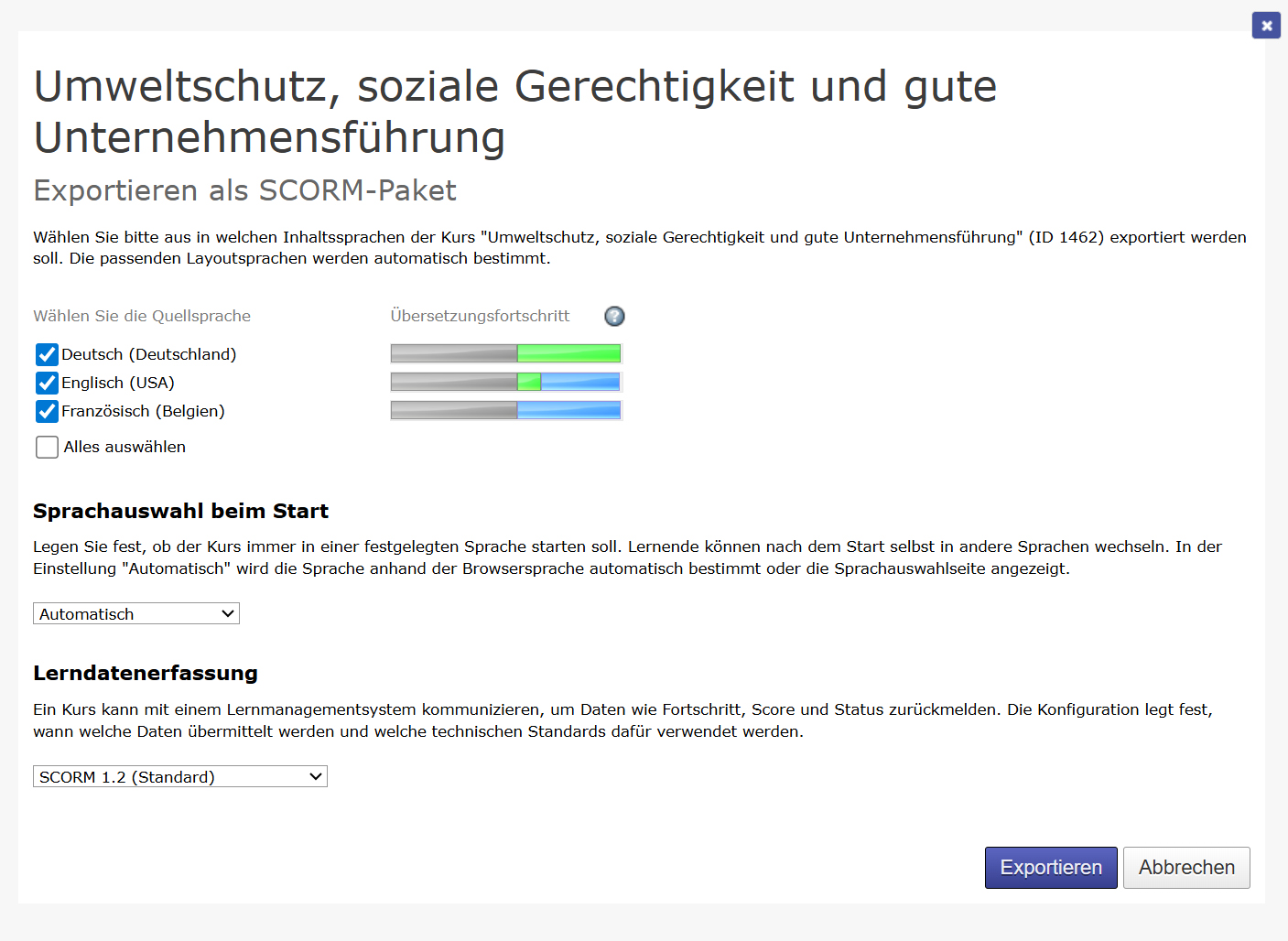 Screenshot des Teilen-Dialogs in Knowledgeworker Createmit den ausgewählten Sprachen Deutsch, Englisch und Französisch