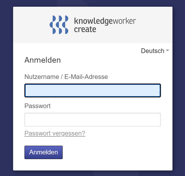Anmeldemaske Knowledgeworker Create mit Passwort vergessen?-Option