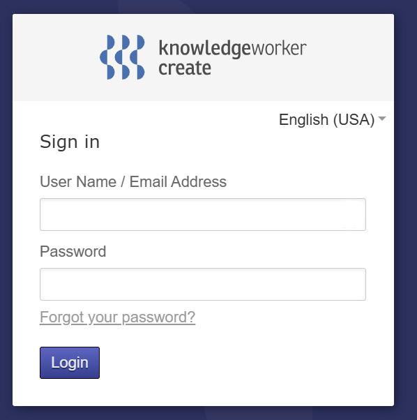 Login screen Knowledgeworker Create with Forgot your Password? option