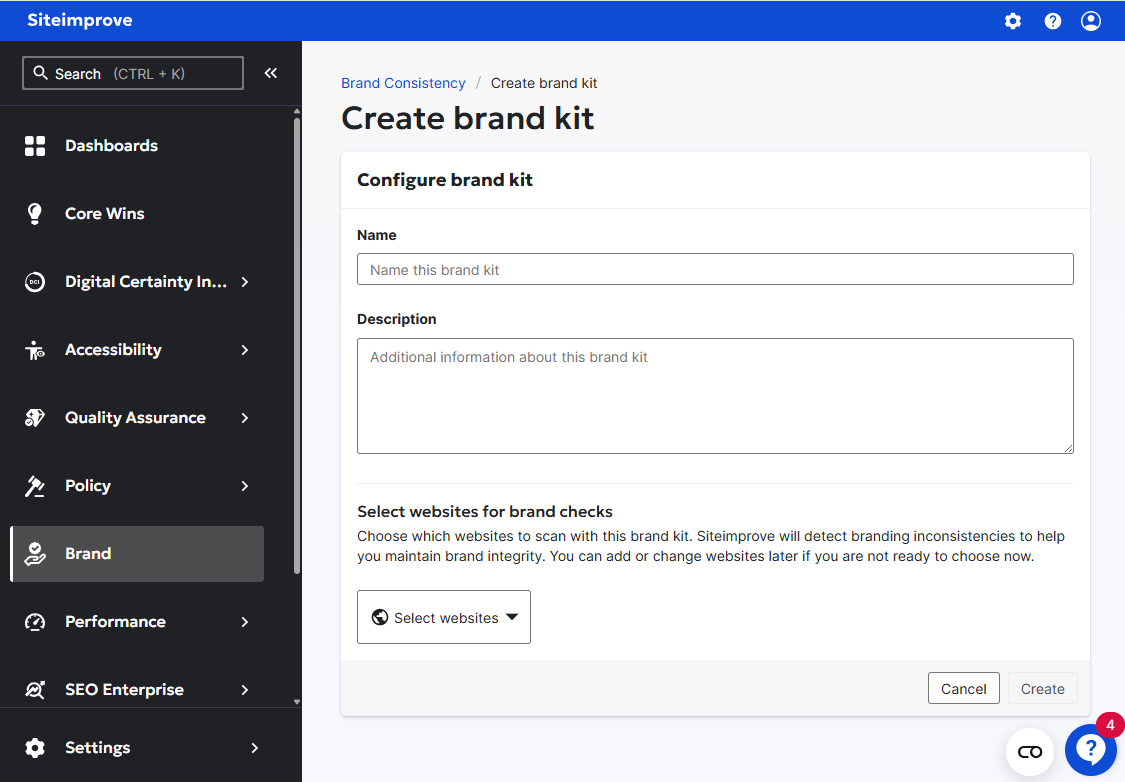 Screenshot of Creat brand kit step showing the Name, Description and option to apply to site(s)