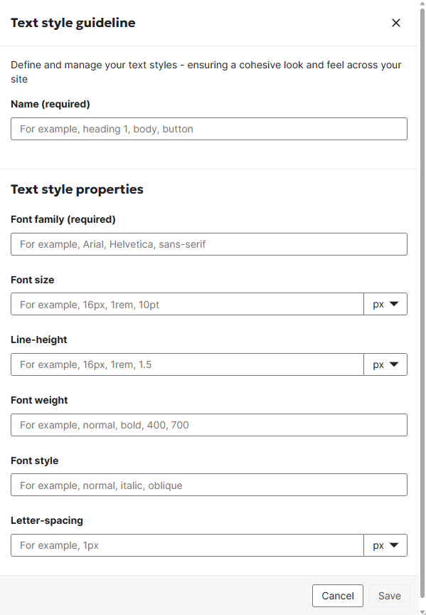 Screenshot of text style guidelines to be filled in