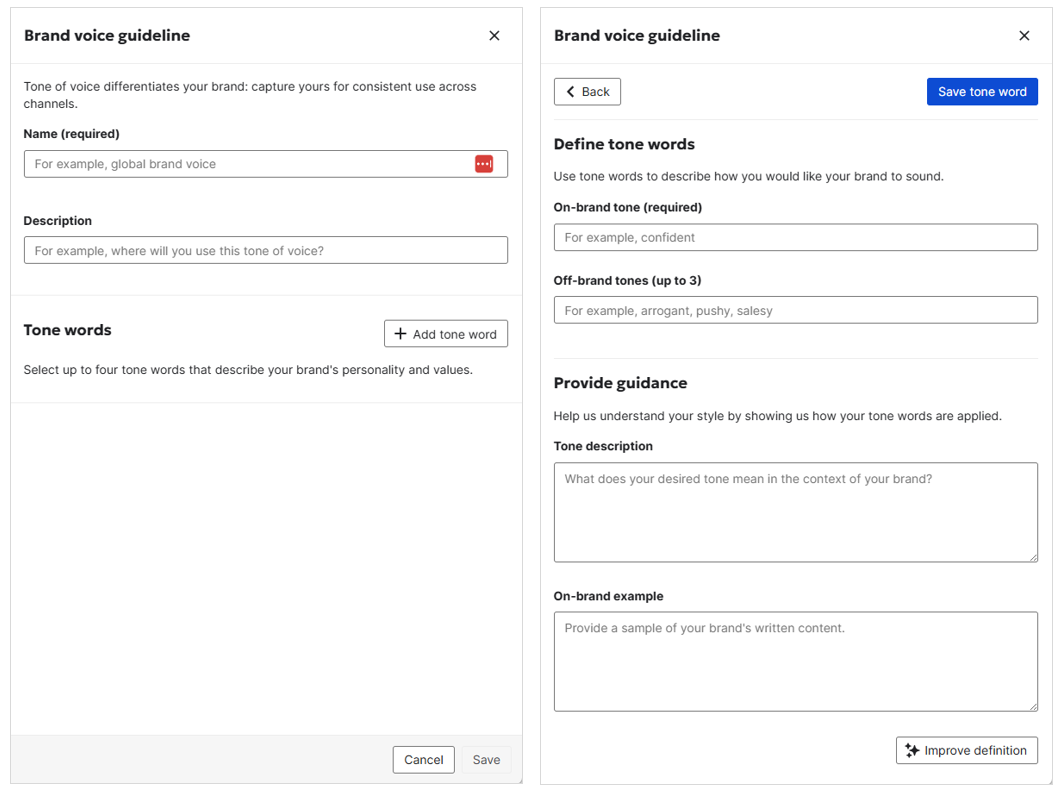 Screenshots of brand voice and tone guidelines