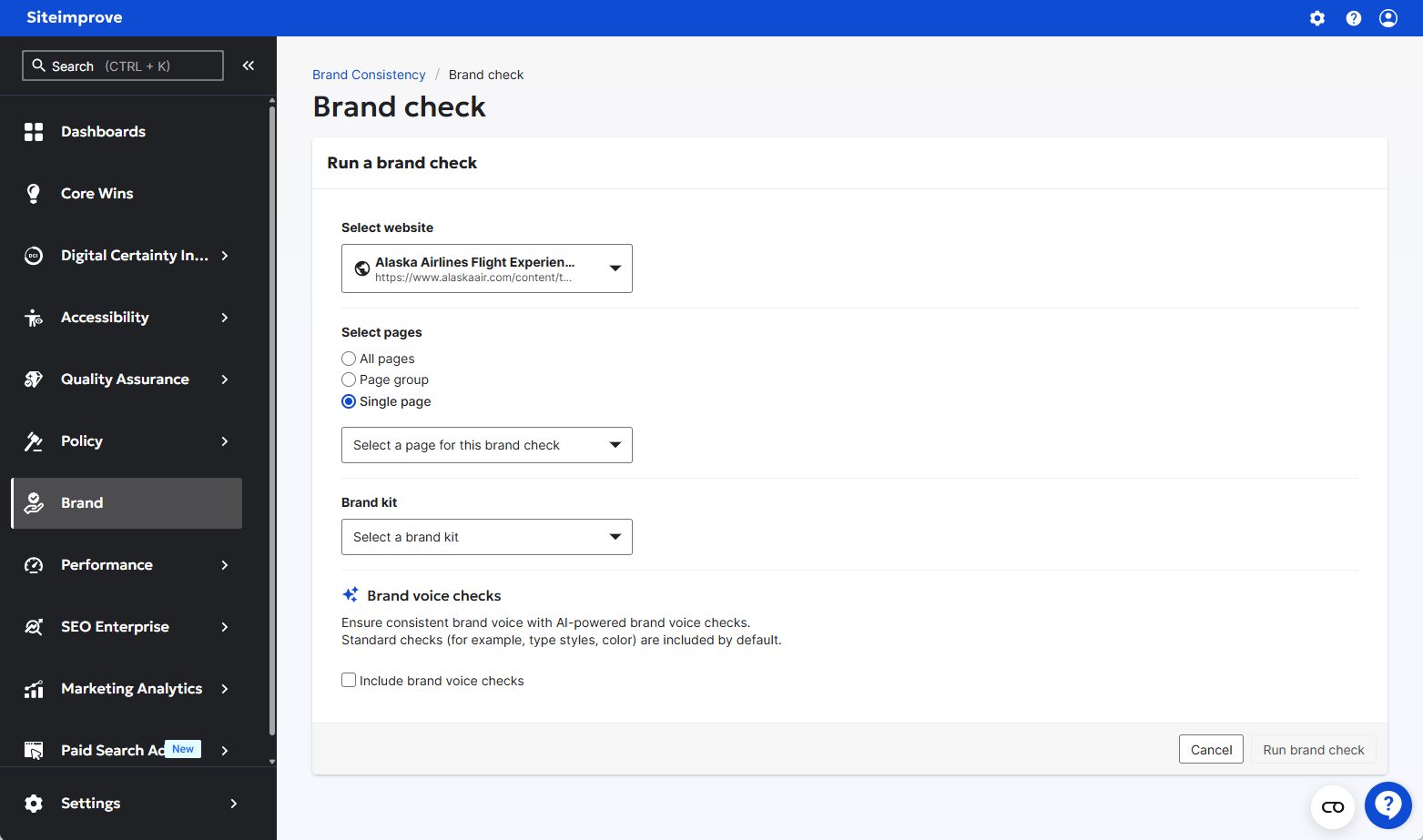 Screenshot of options to run a brand check