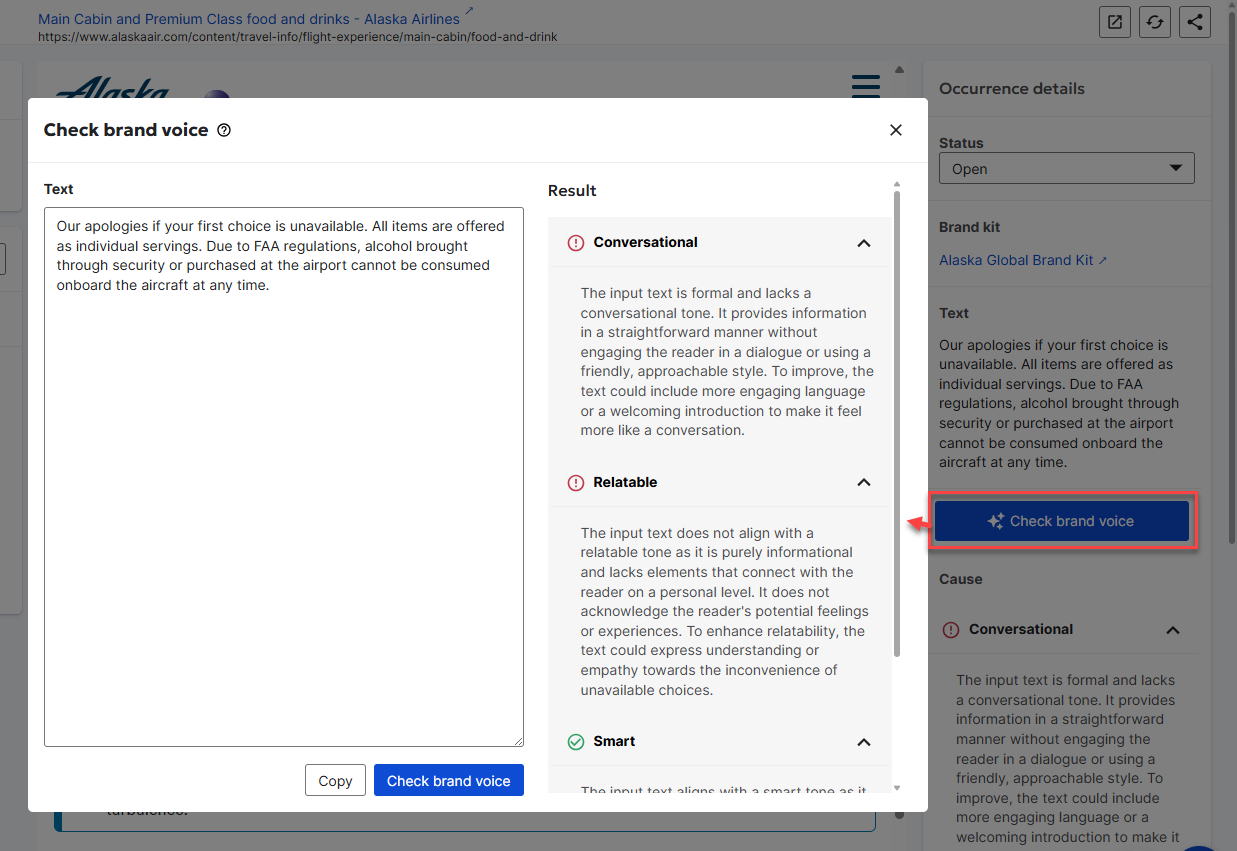 Screenshot of Check brand voice option
