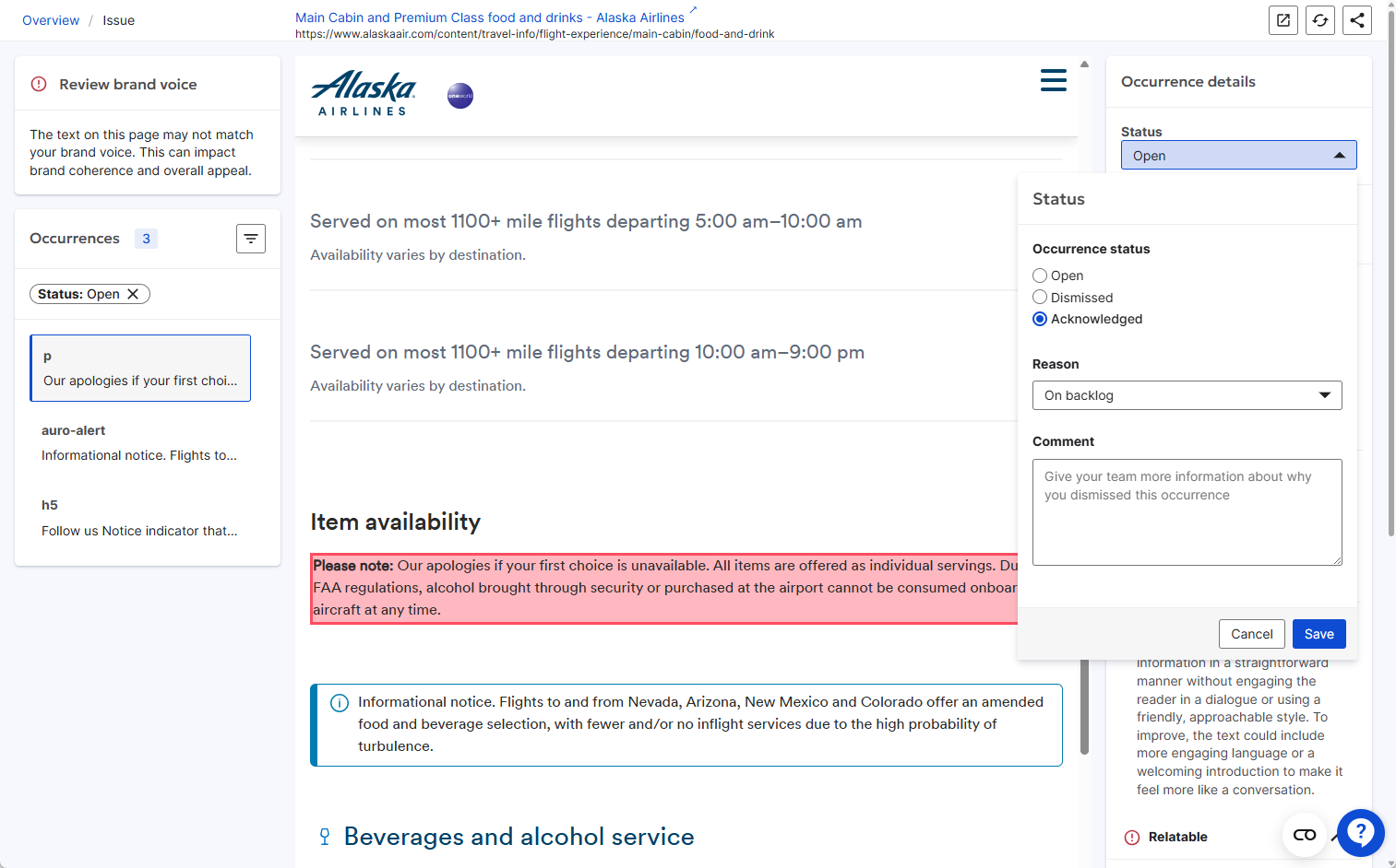Screenshot of Occurrence Status Options