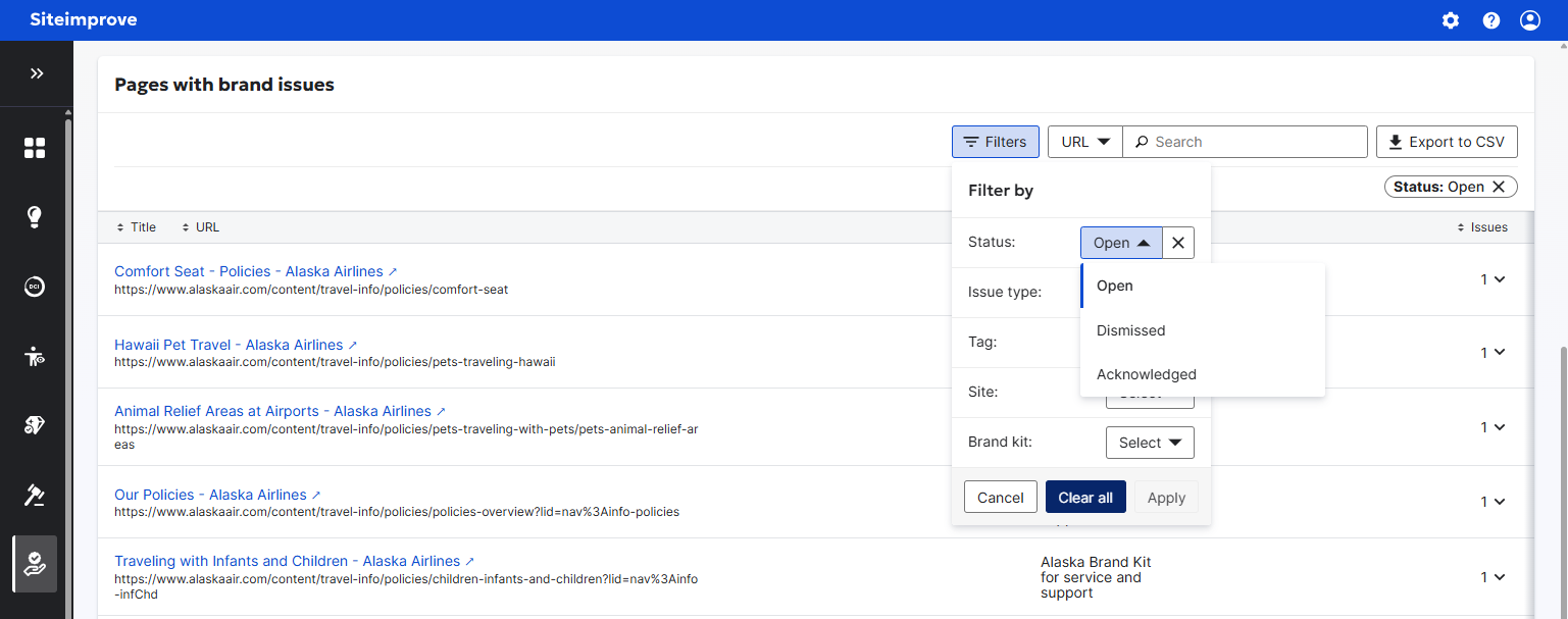 Screenshot of Brand Issue filter options
