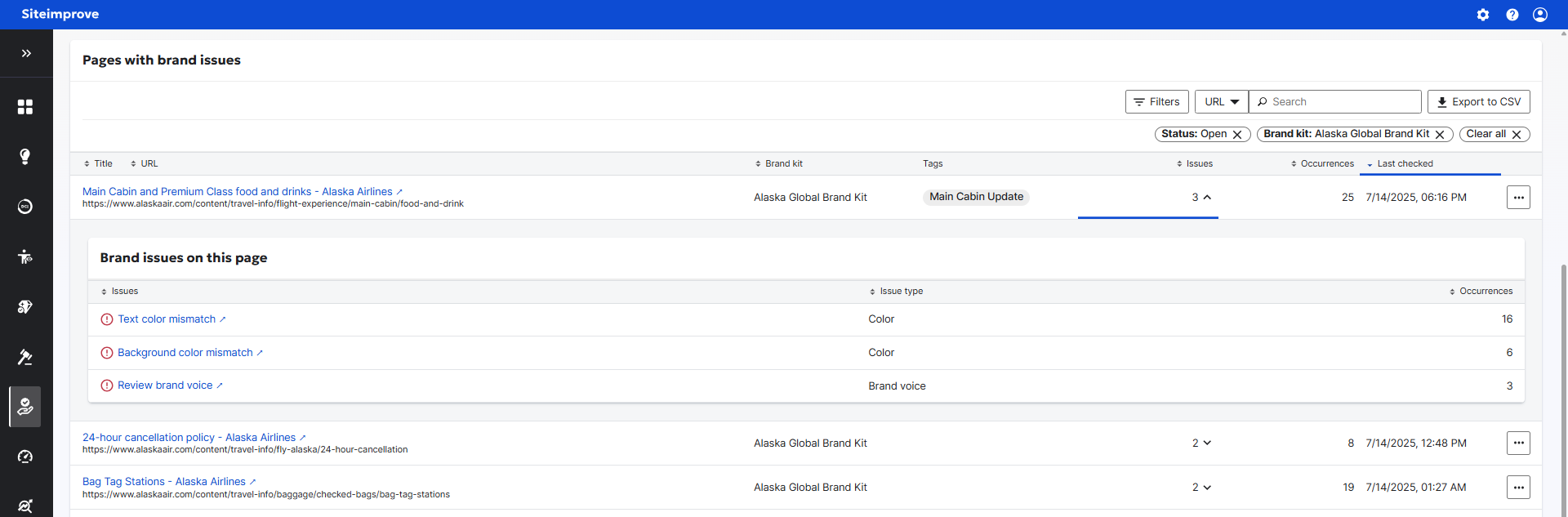 Screenshot of Pages with brand issues