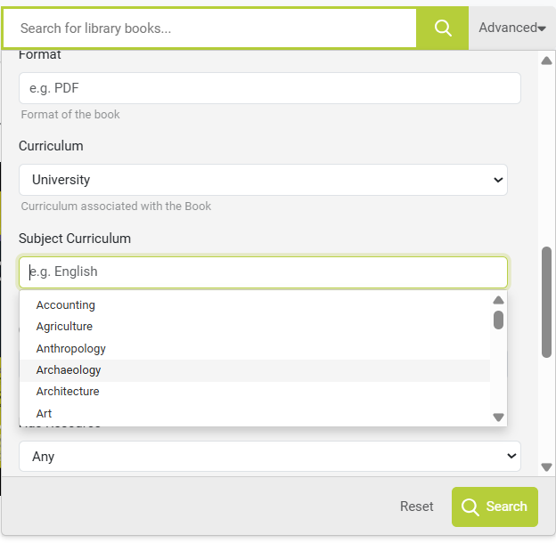 Advanced Search bar open with extra options for filtering selected and a green Search buttom at the bottom right. 