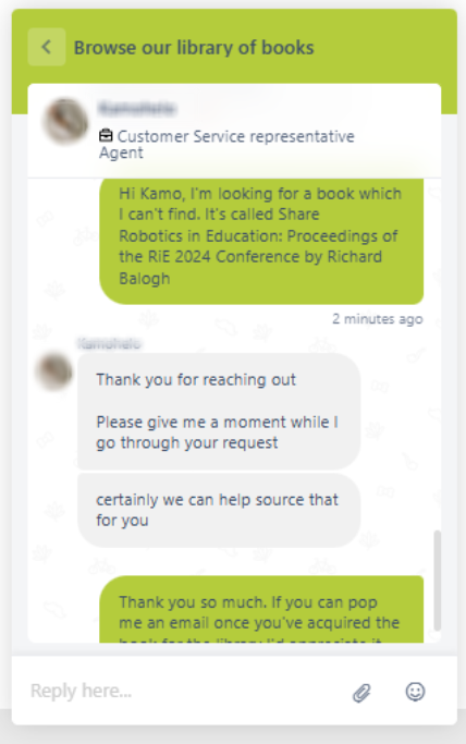 A chat conversation with a Snapplify Agent and a customer requesting for a book to be sourced for the Institution