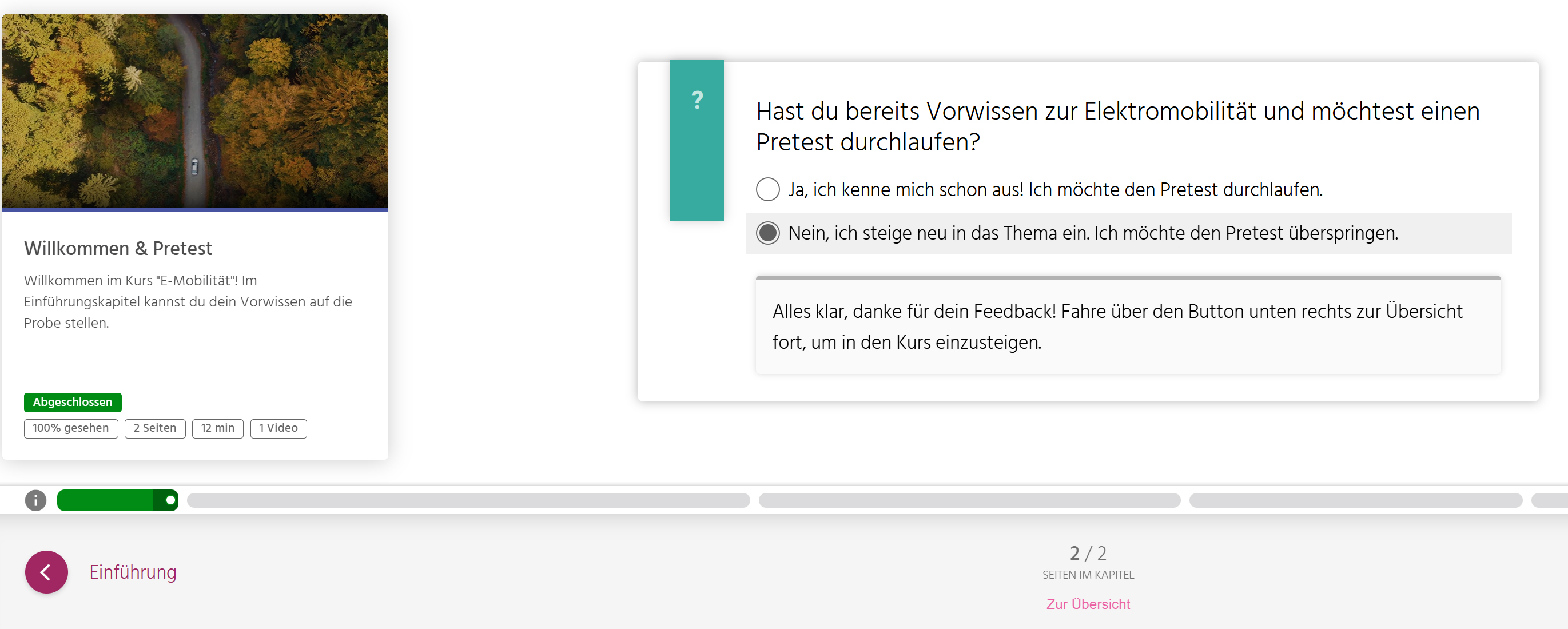 Statusleiste mit Information zu farbig hervorgehobenem abgeschlossenem Kapitel