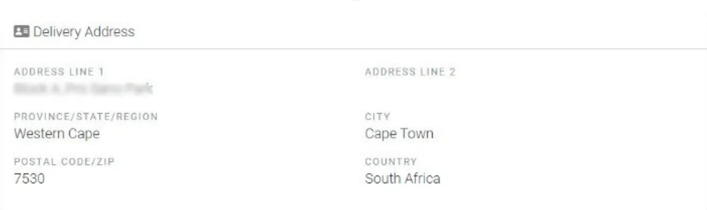 Delivery address panel showing where the order will be delivered.