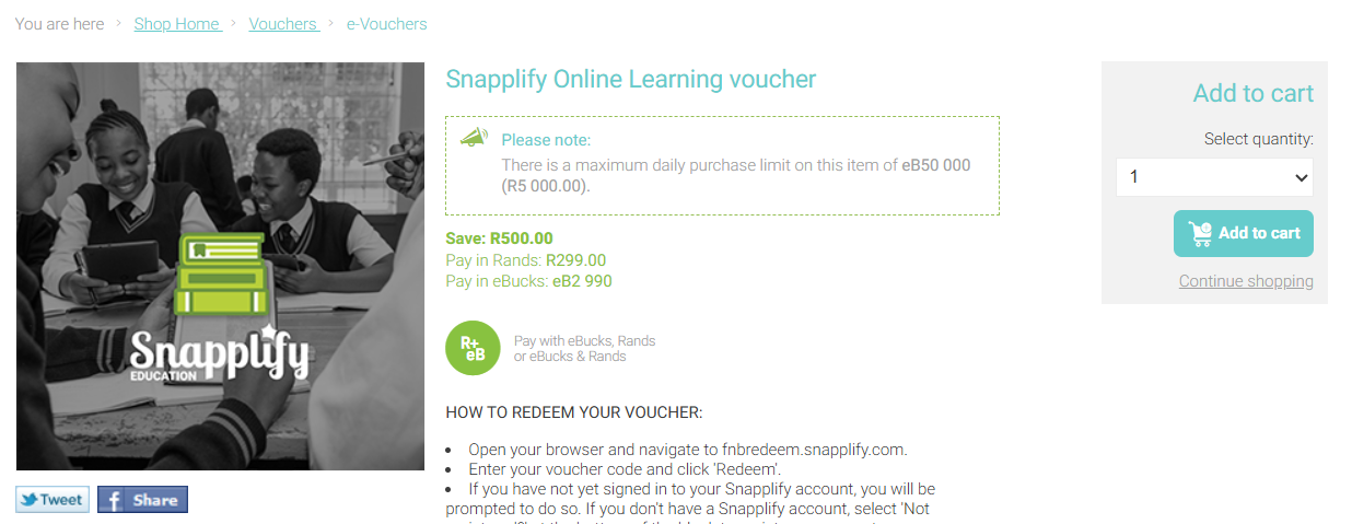 Snapplify Online Learning voucher product page showing price, payment options, and redemption instructions. Includes image of smiling students using tablets in a classroom, with Snapplify logo and 'EDUCATION THROUGH TECH' slogan.