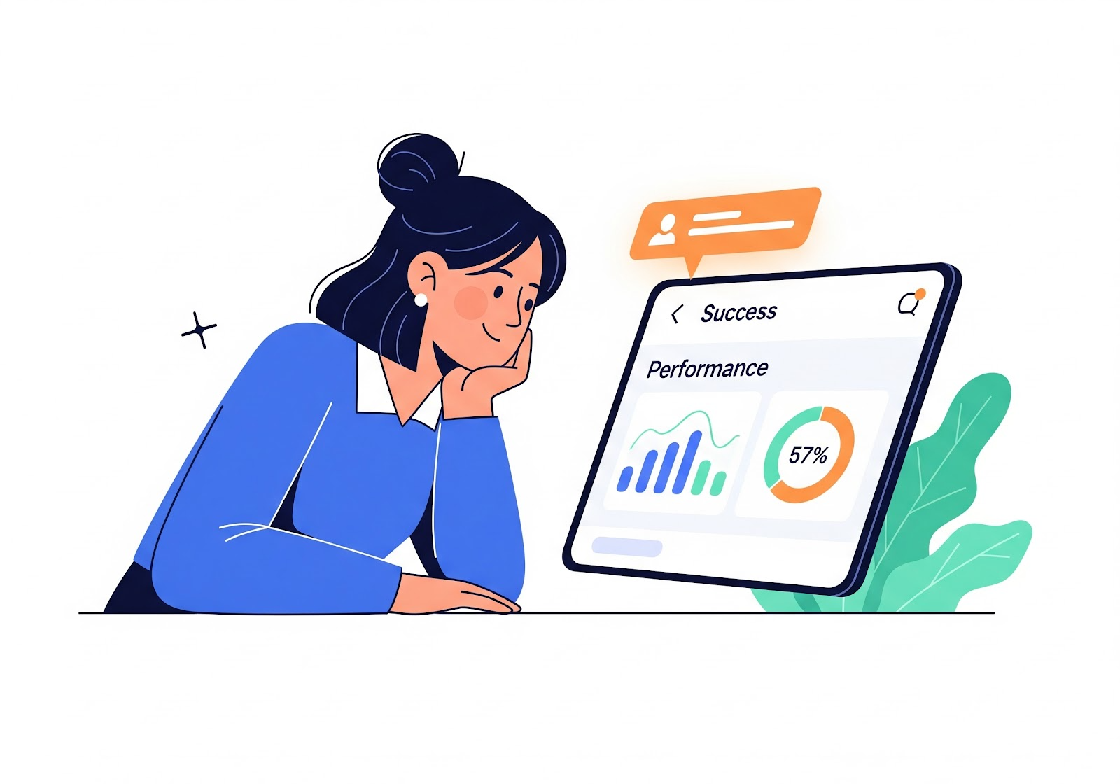 Eine Illustration, die einen Nutzer zeigt, der zufrieden auf einen Bildschirm schaut, auf dem Performance-Daten dargestellt sind.