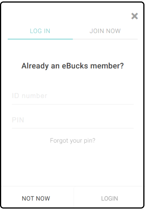 eBucks login popup asking for ID number and PIN, with options to 'Log in', 'Join now', 'Not now', or recover forgotten PIN.