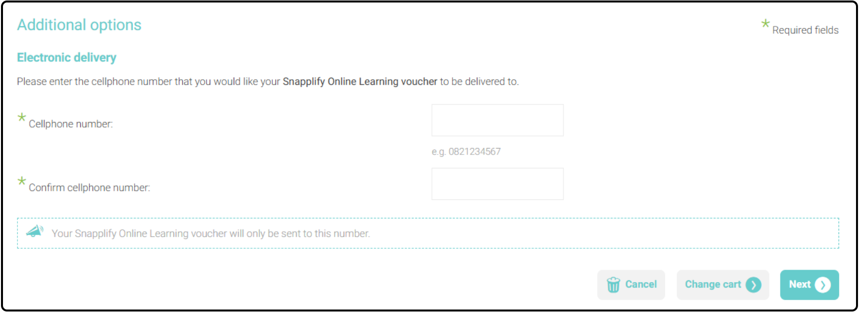 Form for electronic delivery of Snapplify Online Learning voucher, with fields to enter and confirm a cellphone number, and buttons for Cancel, Change cart, and Next.