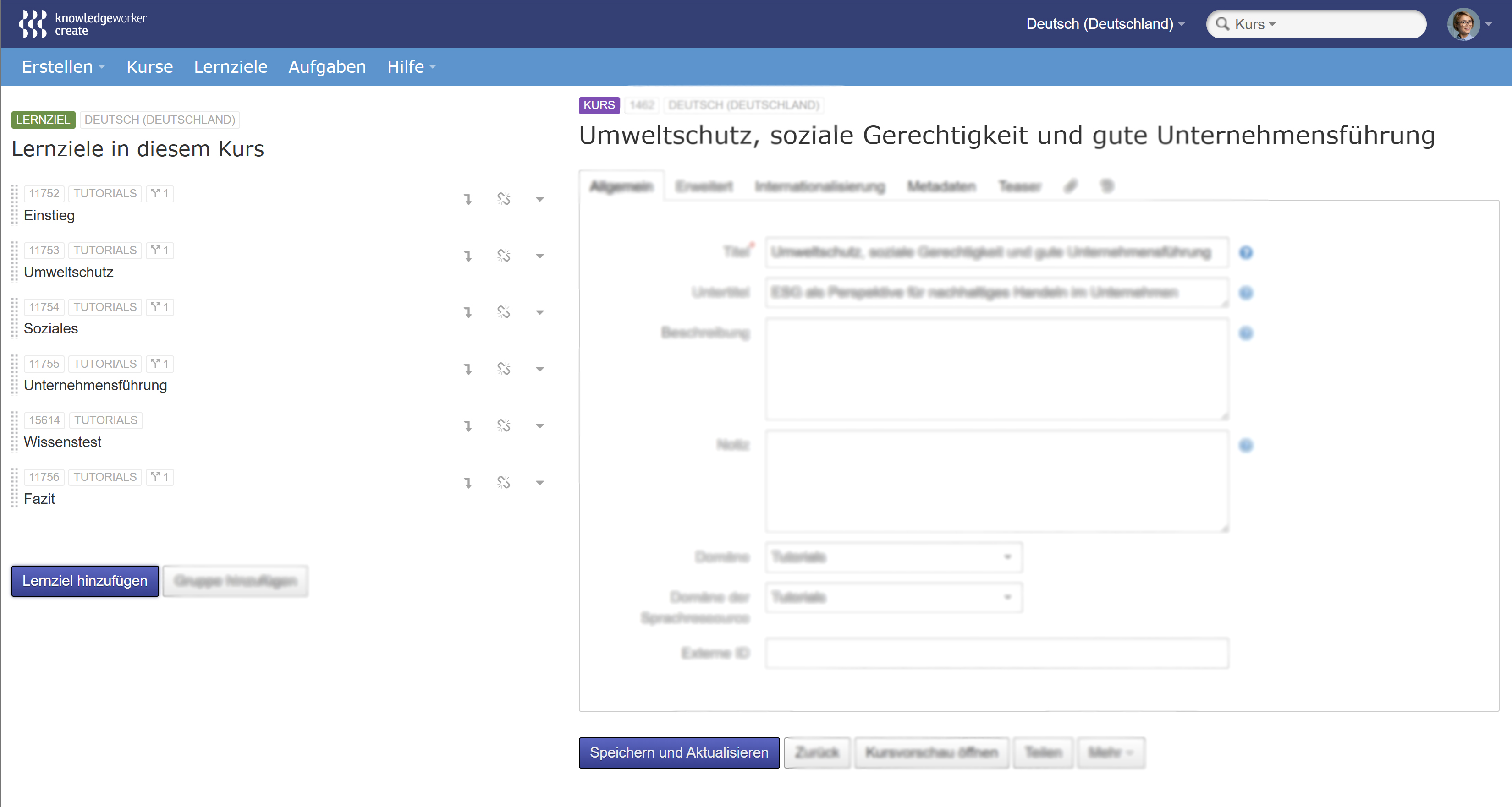Screenshot der Einstellungen eines Kurses mit Kapitelstruktur auf der linken Seite