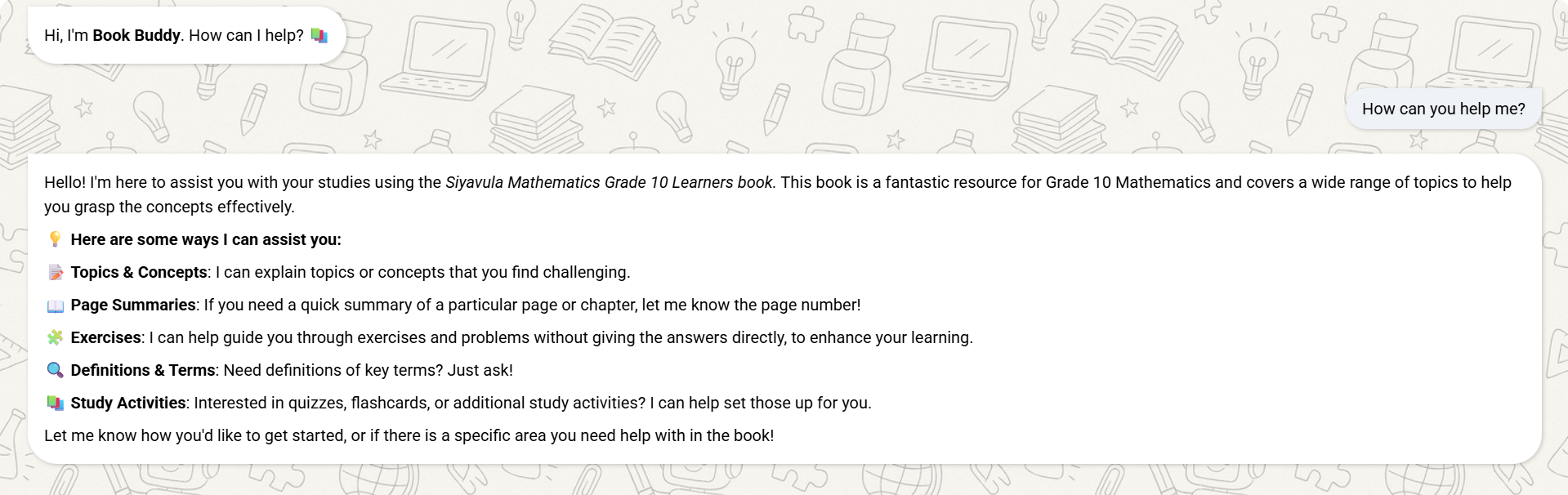 Book Buddy chat window showing study help options such as explaining topics, providing page summaries, guiding exercises, giving definitions, and setting up study activities.