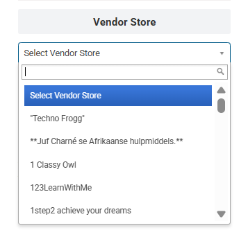 Vendor Store filter dropdown on Teacha with a searchable list of sellers