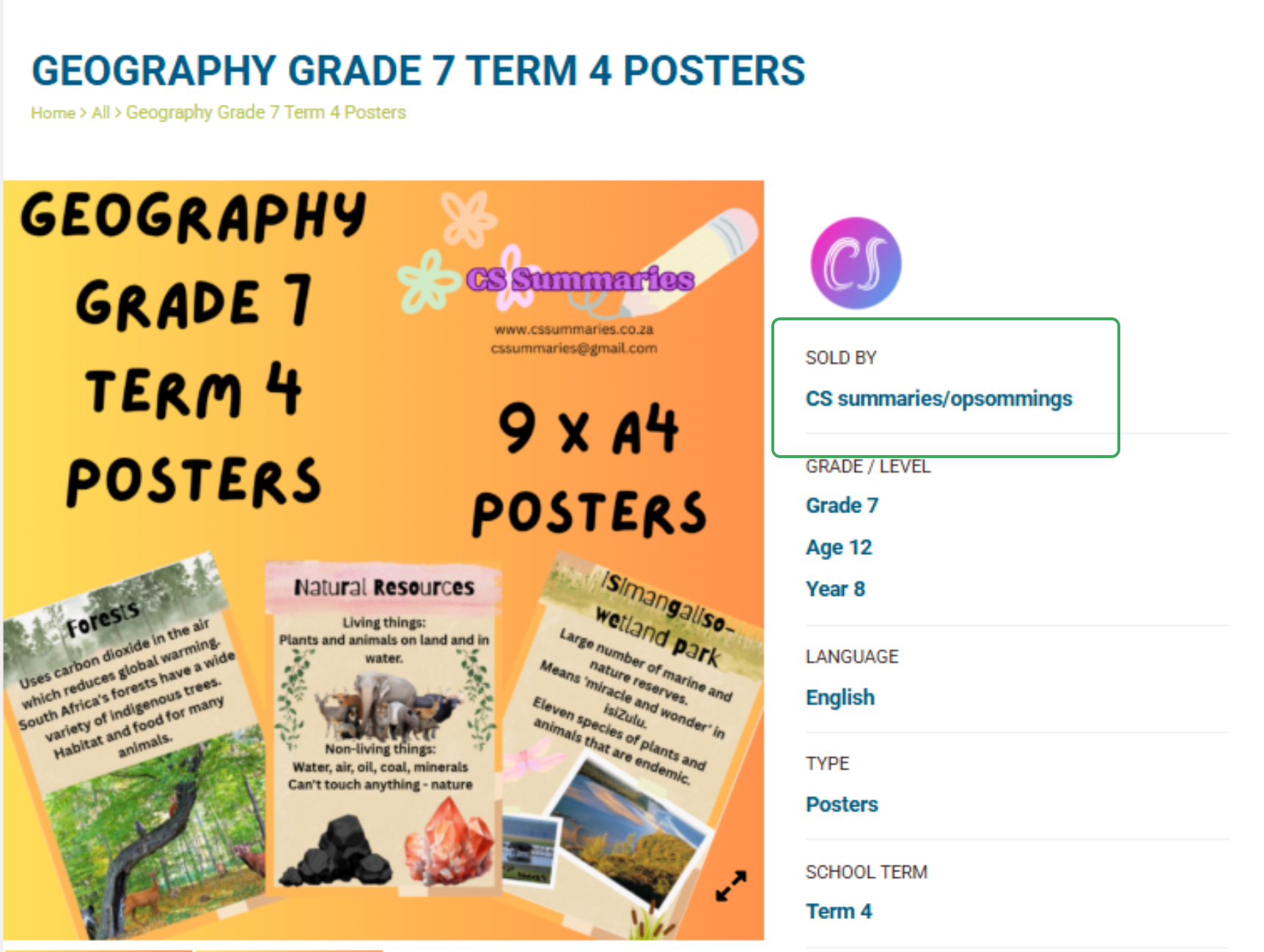 Product page for Geography Grade 7 Term 4 Posters showing vendor name.