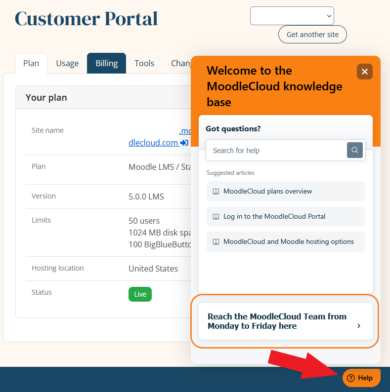 Menú del widget de ayuda en el Portal de MoodleCloud.