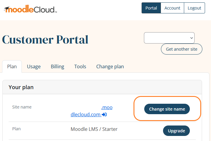 'Change site name' button in the 'Plan' tab of the MoodleCloud Portal.